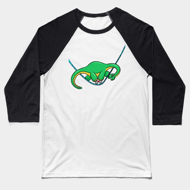 Dinosaur Tightrope on Bike Cartoon Baseball T-Shirt by Squeeb Creative